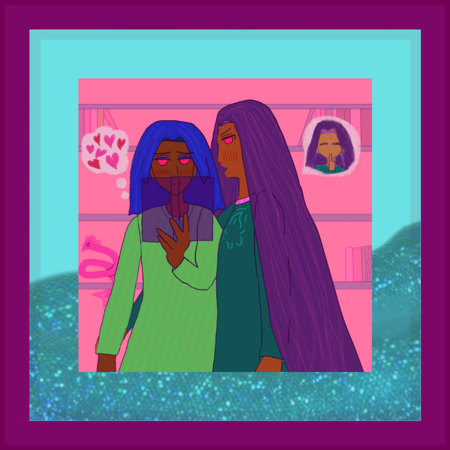 main image description: antonio is blushing heavily with a book in front of his face while appearing wondering with MANY hearts in a thought bubble by him. he has red-brown skin, red eyes, blue hair like waves and wears a light green panjabi with leaf green dotted pattern. alejandro is pulling him in with a smile and intense blush. alejandro has light bronze skin, red eyes, long falling violet hair with pink highlights, and wears a green-blue tunic with aqua-green wing pattern at the chest. the shirt color is bright pink with an odd dark pink eye-like pattern. there's a library behind them with books and the overall canvas is bright pink. there's a dragon on one of the teal shelves.